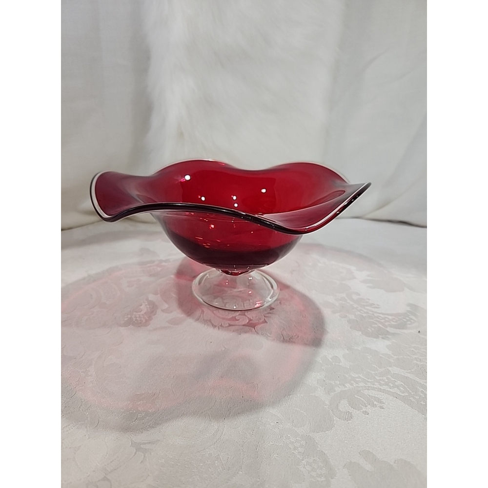 Hand Blown Ruby Red Art Glass Pedestal Bowl 9 in
